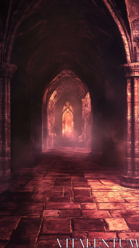 Ancient gothic hallway glows with eerie, ember like mystique