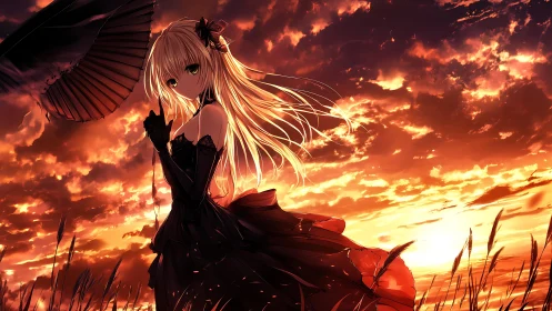 Gothic parasol silhouette against volumetric sunset skyfield.