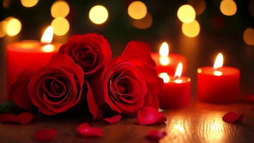 Red Roses and Candlelight: Romantic Still Life Composition.