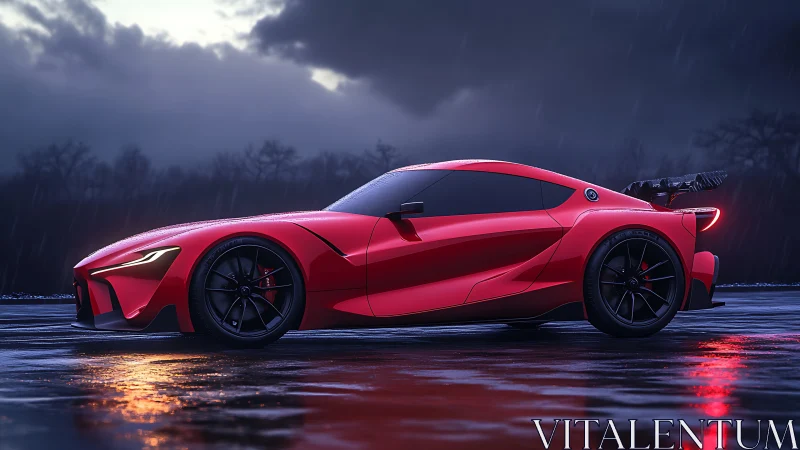 Red hypercar cuts wet track under stormy twilight sky.