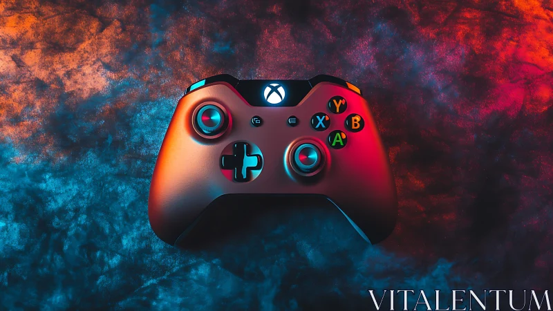Xbox-style gamepad under dual-color neon rim lighting on smoke