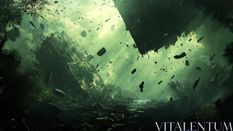 Colossal alien monoliths rupture dense emerald forest sky