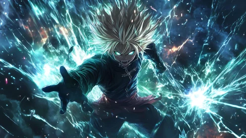 Electric anime warrior lunges through glowing blue energy.