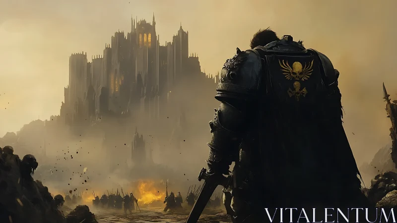 Armored warlord faces burning fortress under toxic sky.