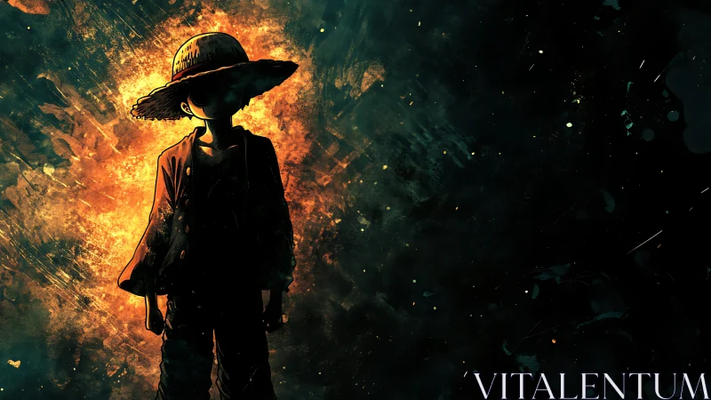 Straw hat silhouette stepping from sparks into mystery.