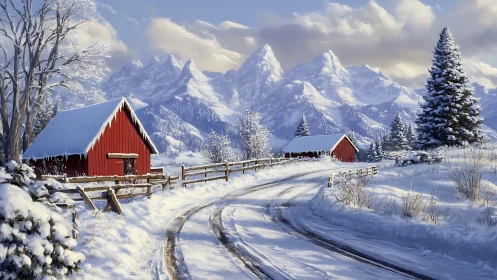 Snow-covered farm road curves toward red barns and mountains
