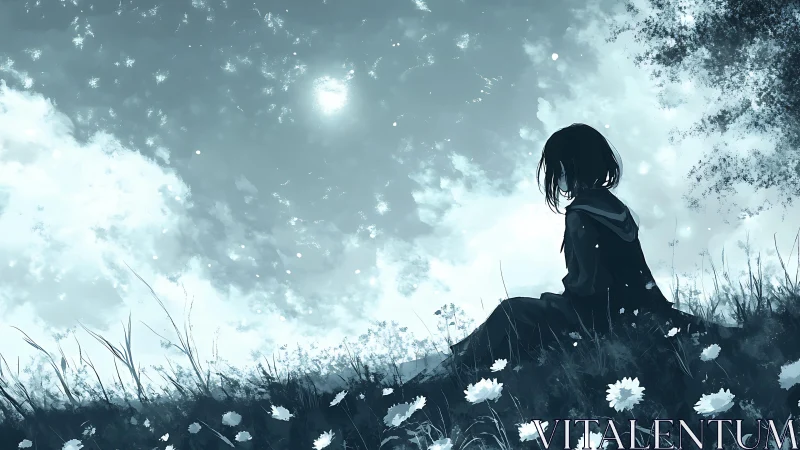 Sky-gazing girl on a wildflower hill of quiet questions.