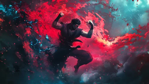 Martial figure amid red and teal abstract energy field.