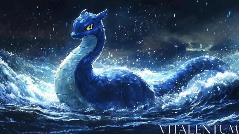 Gentle sea serpent riding stormy waves under moonlit rain.
