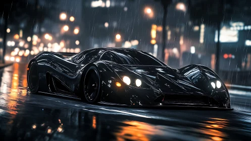 Futuristic black hypercar waits on wet city street at night