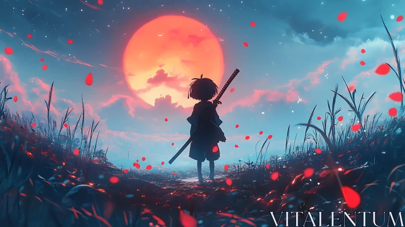 Lone young swordsman faces a burning moonlit horizon.