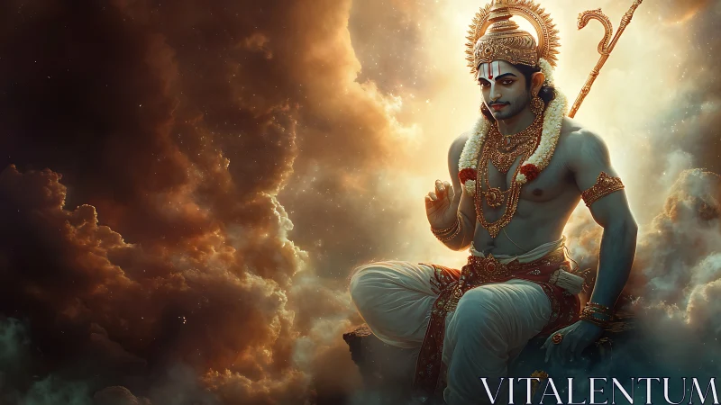 Divine blue-skinned deity meditates in glowing celestial clouds
