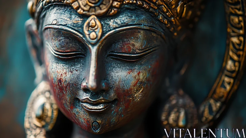 Close-up view of ornate metal deity face sculpture.