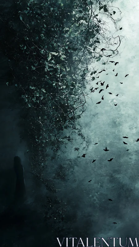 Solitary figure wandering beneath a misty forest sky.