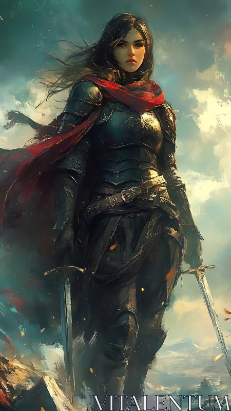 Armored female warrior with twin swords in rugged terrain.