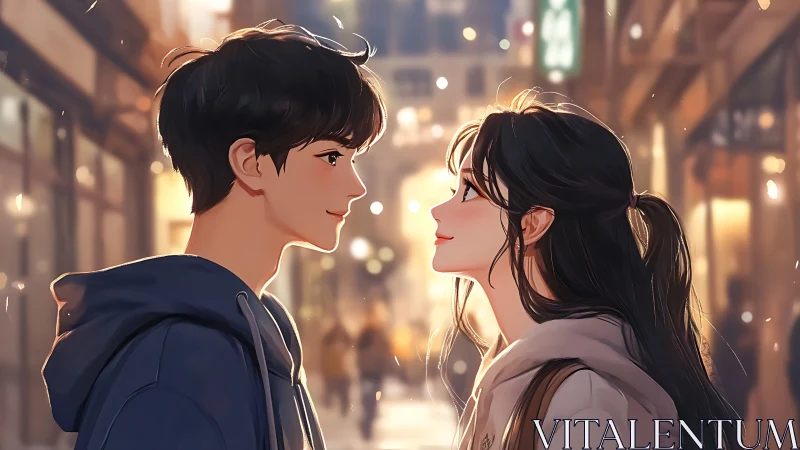 Winter evening couple gazing under glowing city lights.