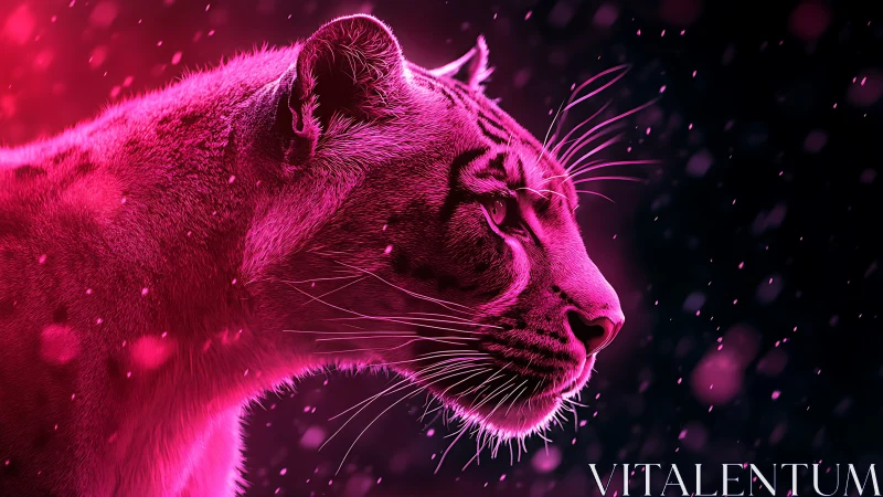 Magenta feline profile with particle effects on dark background.