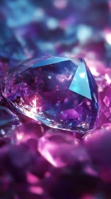 Violet crystal gemstone rests in glowing bokeh field