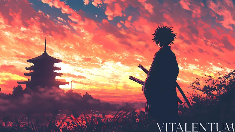 Samurai silhouette studies pagoda skyline under burning sunset