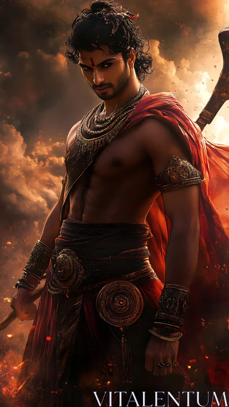 Warrior in ornate armor with fiery sky backdrop.