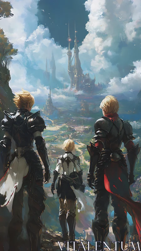 Armored trio survey distant sky castle under towering clouds