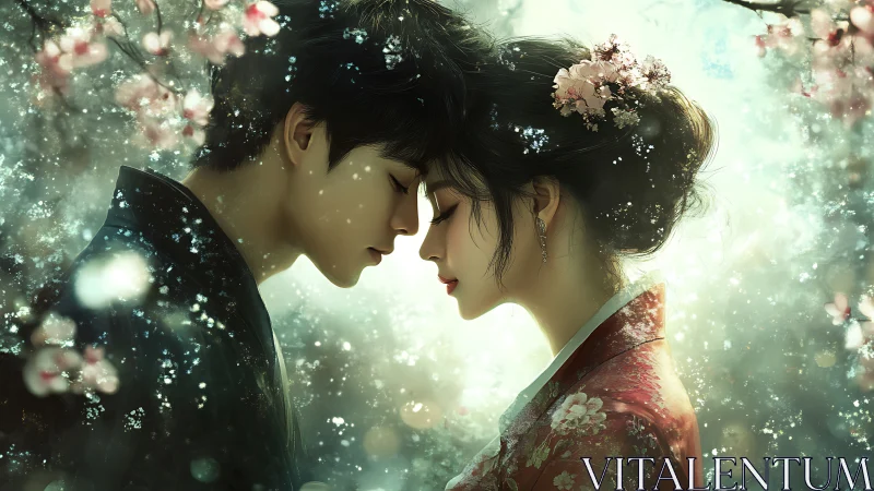 Two figures in ethereal moment amid flowering branches.