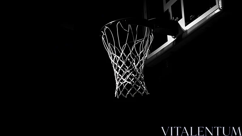 Monochrome basketball hoop isolated in dramatic arena light.