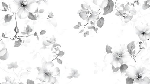 Delicate Grayscale Botanical Florals Frame White Space