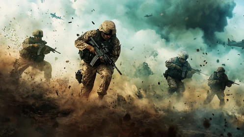 Modern soldiers advancing through dense battlefield smoke.