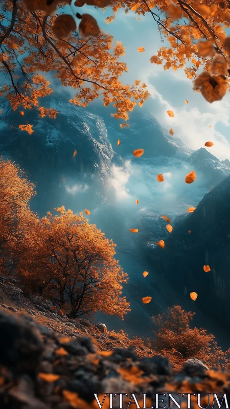 Autumn leaves tumble through misty mountains like fiery confetti
