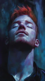 Red-haired man in blue-lit portrait with closed eyes.