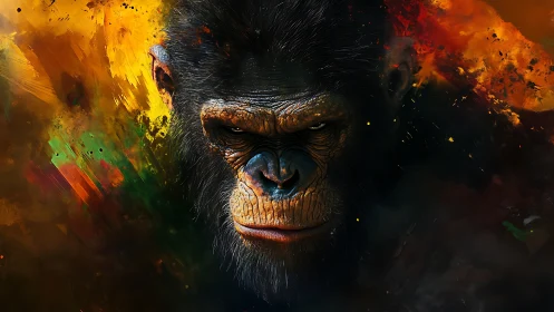 Fierce primate portrait framed by wild molten color storms.