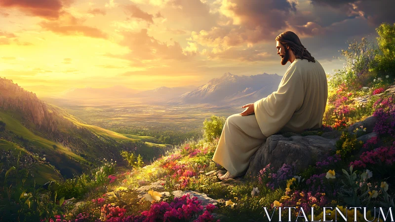 Sunlit valley listens quietly as robed figure contemplates