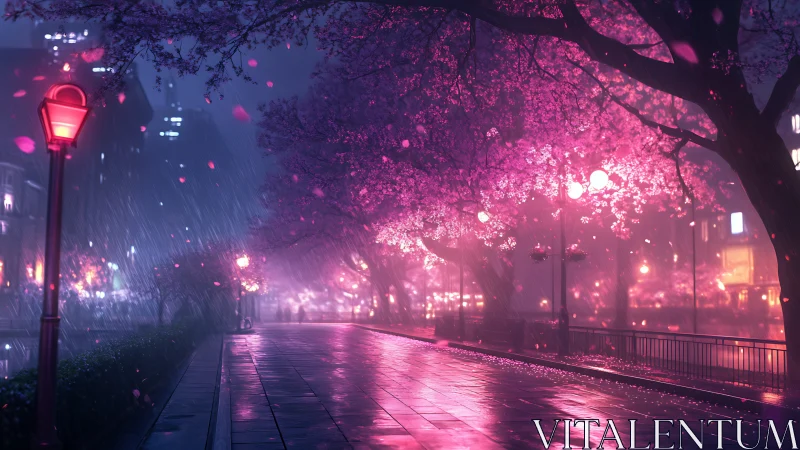 Neon rain glows beneath cherry blossoms on a silent riverside street