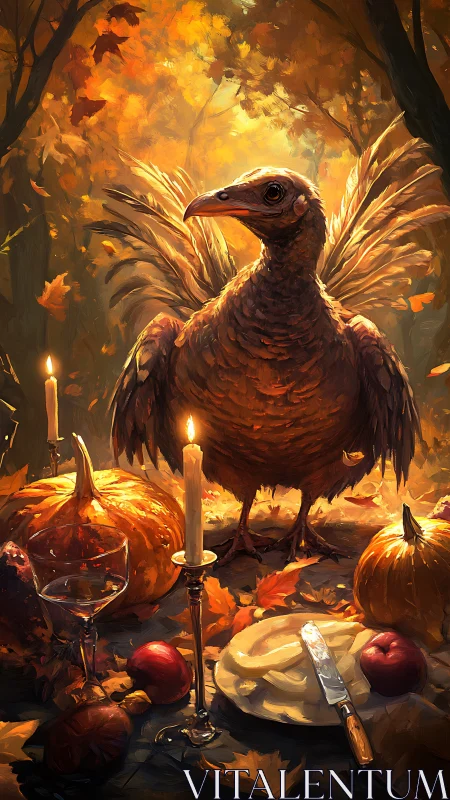 Autumn feast tableau with vigilant turkey amid candlelight.