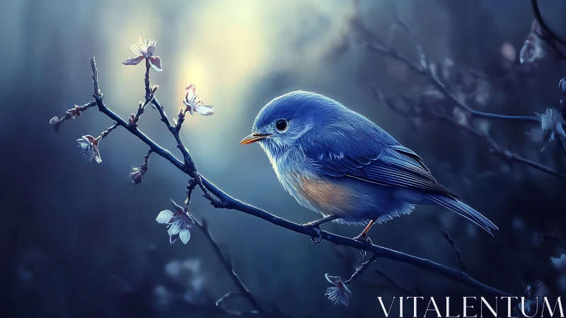 Blue songbird on flowering branch in dreamy soft-focus style.