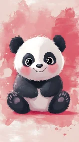 Adorable baby panda sitting sweetly on a rosy backdrop.