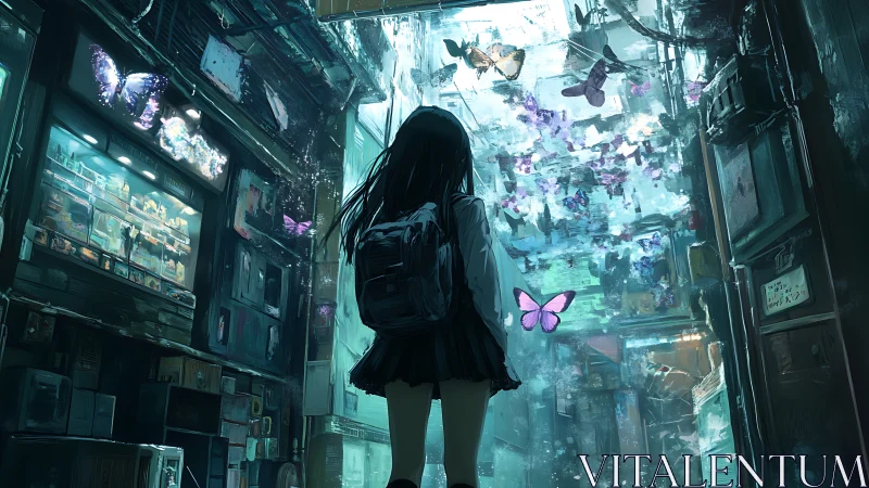 Midnight alley blooms with neon butterflies and quiet wonder