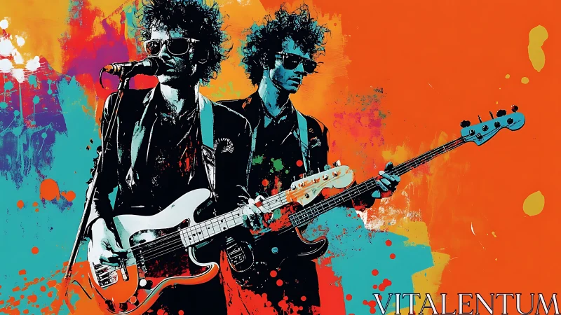 Electric bassist duo explode over neon splatter backdrop.