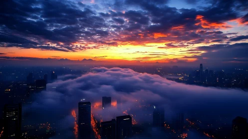 City lights welcoming dawn above a rolling cloud sea.