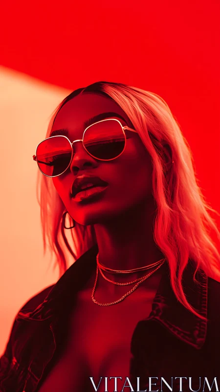 Portrait of woman in sunglasses under red lighting field.