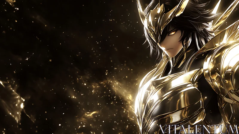 Armored figure in reflective golden suit on dark backdrop.