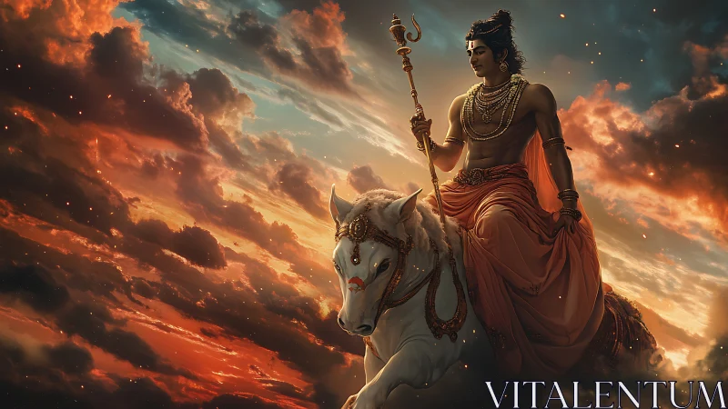 Radiant sky rider journeys calmly on a sacred white steed