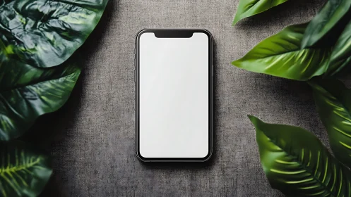 Smartphone with blank screen surrounded by lush green tropical foliage