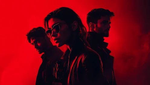 Three silhouetted figures stand in red backlit haze