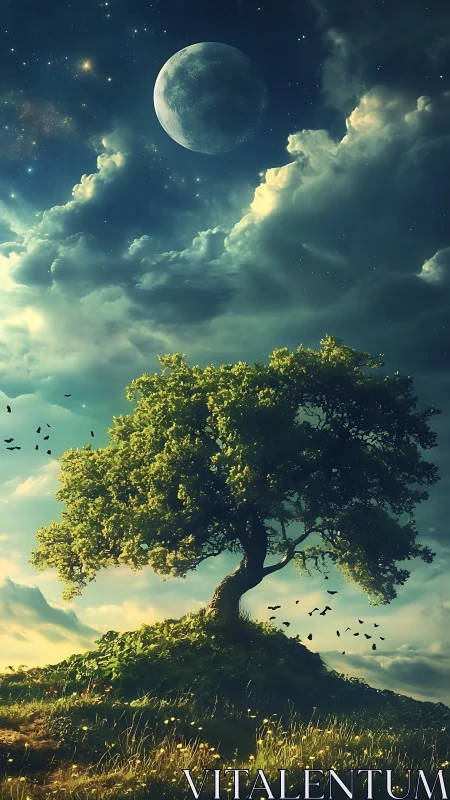 Luminous lone tree beneath celestial moonlit sky composition.