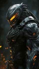 Armored biomechanical warrior with illuminated visor standing.