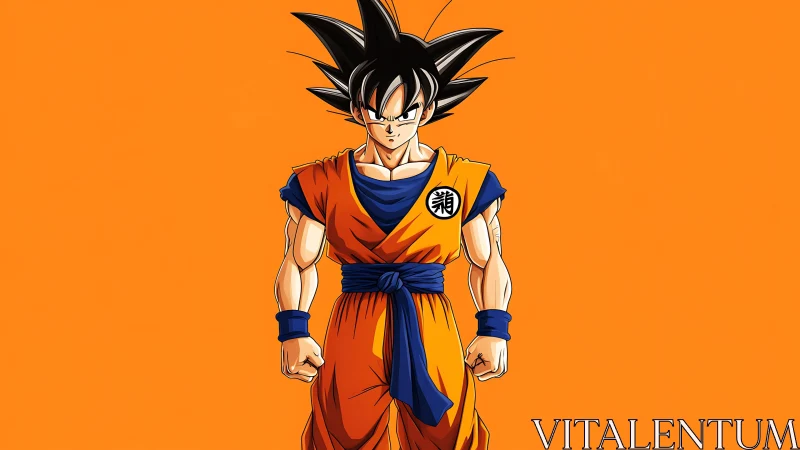 Anime fighter in orange gi on flat orange background.