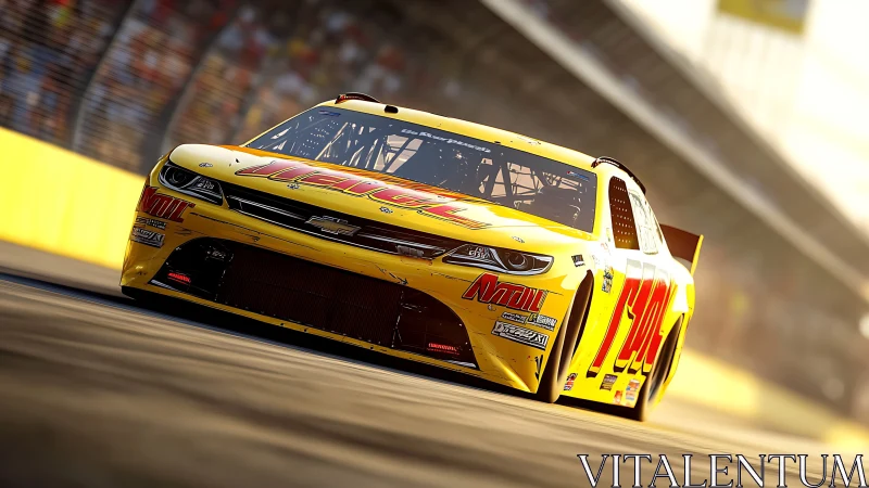 Sunlit stock car slingshots through a glowing golden straightaway