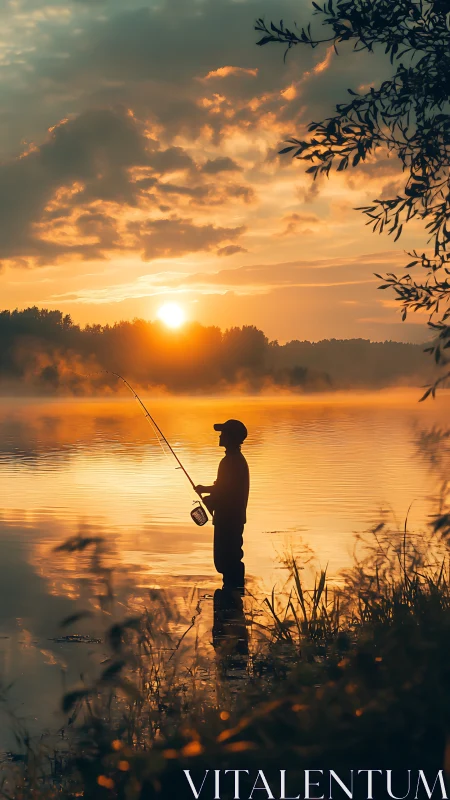 Silhouetted child angler at misty lakeshore during golden sunrise